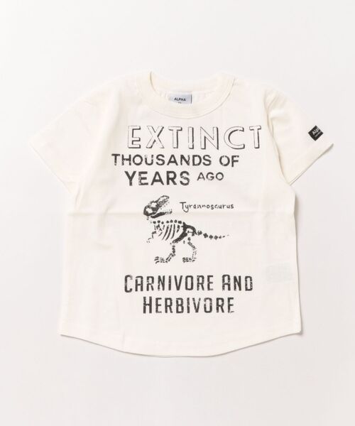 ALPHA LABEL(アルファーレーベル)の「ダイナソーロゴラウンドTシャツ(Tシャツ/カットソー・キッズ・ブルー/カーキ/ブラック/ホワイト・90/100/110/120/130/140)」の1枚目の写真
