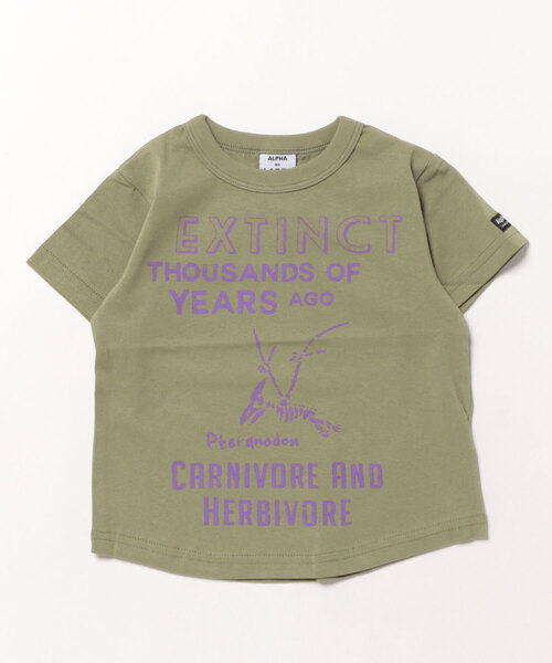 ALPHA LABEL(アルファーレーベル)の「ダイナソーロゴラウンドTシャツ(Tシャツ/カットソー・キッズ・ブルー/カーキ/ブラック/ホワイト・90/100/110/120/130/140)」の3枚目の写真