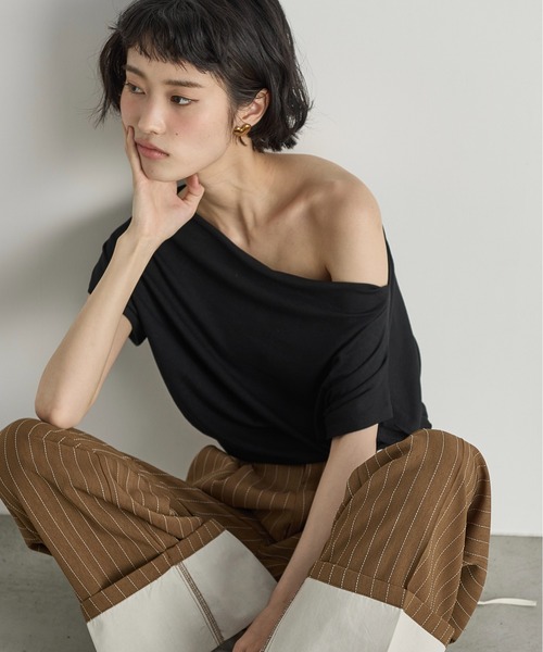 tシャツ オフショルZIPカットTEE　579429 レディース tシャツ オフショル風スクエアネックドレープリブカットソー