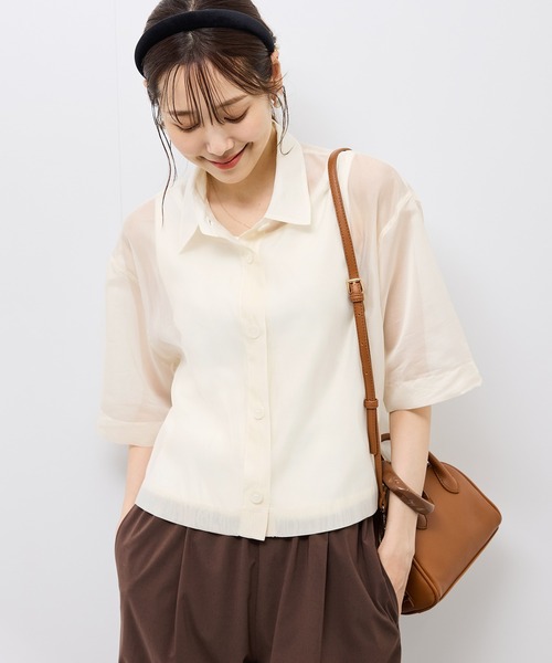 ROPE' PICNIC（ロペピクニック）の「【接触冷感】ハーフスリーブシアーシャツ（シャツ/ブラウス・レディース・ブラウン系その他2/ダークグリーン/チャコールグレー/ホワイト系その他・38）」の2枚目の写真