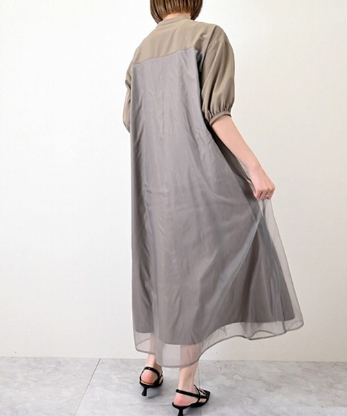 STYLEBLOCK（スタイルブロック）の「ブロード×オーガンジーレイヤードハーフスリーブワンピース（ワンピース・レディース・グレイッシュベージュ/ブラック/チャコールグレー・M）」の7枚目の写真