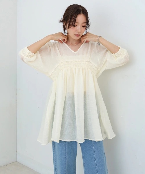 Bab（バブ）の「ギャザーミニワンピース/チュニック（チュニック・レディース・ブラック/サックスブルー/ホワイト系その他・MEDIUM）」の4枚目の写真