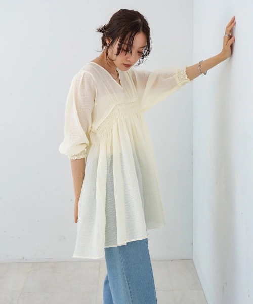 Bab（バブ）の「ギャザーミニワンピース/チュニック（チュニック・レディース・ブラック/サックスブルー/ホワイト系その他・MEDIUM）」の5枚目の写真