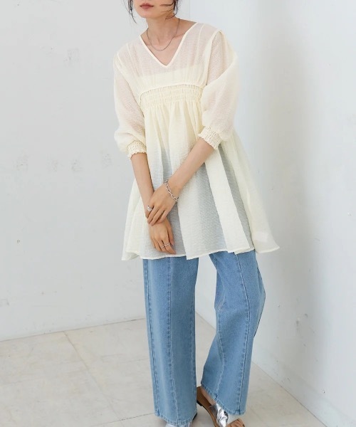 Bab（バブ）の「ギャザーミニワンピース/チュニック（チュニック・レディース・ブラック/サックスブルー/ホワイト系その他・MEDIUM）」の7枚目の写真