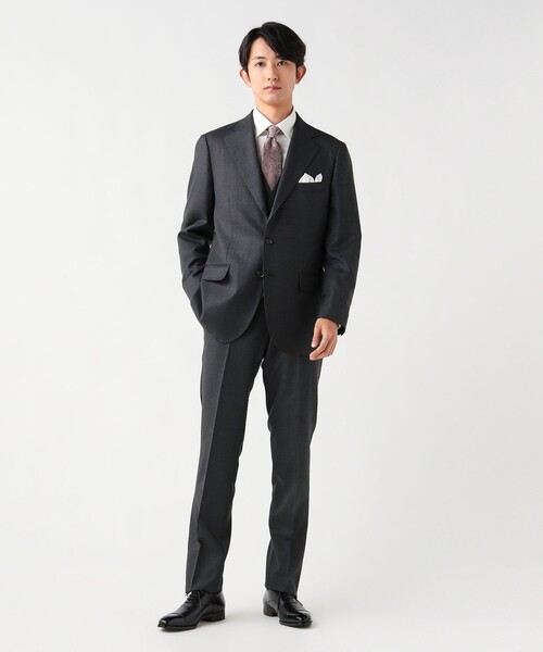 BEAMS DESIGN ダークグレー ジャケット パンツ セット 130's グレンチェック 3ボタン 3ピーススーツ（セットアイテム