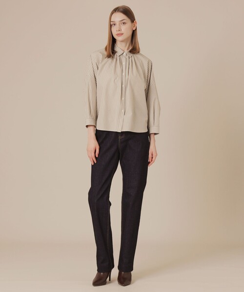 新品　マッキントッシュロンドン　ストライプコットンブラウス　グリーン　38 半袖 新品 マッキントッシュロンドン ストライプコットンブラウス