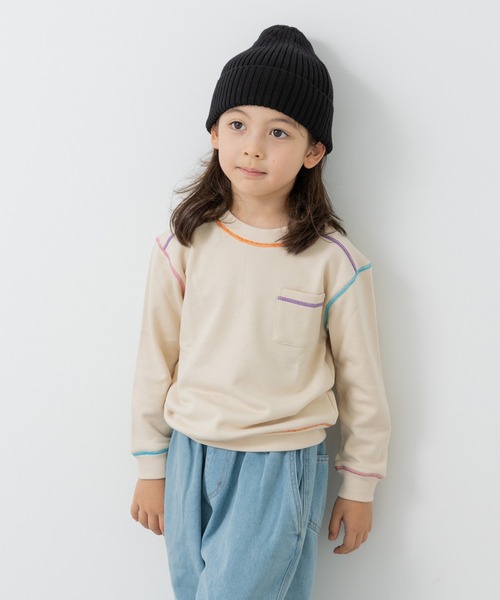 JAM & LINK（ジャムアンドリンク）の「配色ステッチ 裏毛トレーナー（スウェット・キッズ・サックスブルー/ブラック/クリーム/グレー/ネイビー/ラベンダー/ワインレッド/ブラウン/カーキ/オートミール/ライトイエロー/ピンク・130/120/110/100/150/140/160）」の4枚目の写真