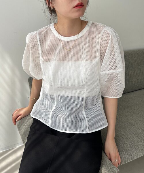 CAPRICIEUX LE'MAGE（カプリシューレマージュ）の「【yao企画】メッシュパフフレアトップス（シャツ/ブラウス・レディース・ブラック/ホワイト・FREE）」の21枚目の写真