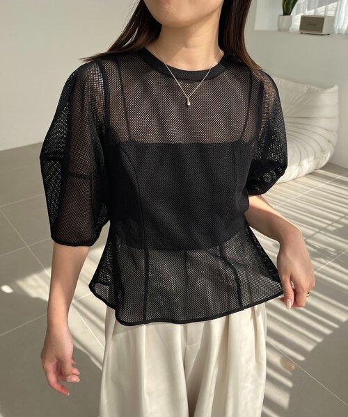 CAPRICIEUX LE'MAGE（カプリシューレマージュ）の「【yao企画】メッシュパフフレアトップス（シャツ/ブラウス・レディース・ブラック/ホワイト・FREE）」の3枚目の写真