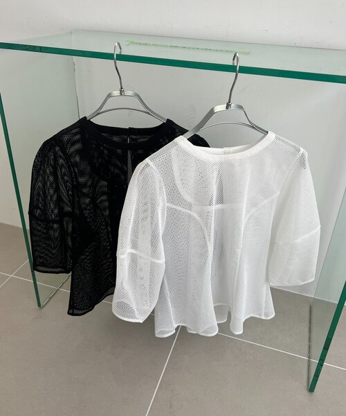 CAPRICIEUX LE'MAGE（カプリシューレマージュ）の「【yao企画】メッシュパフフレアトップス（シャツ/ブラウス・レディース・ブラック/ホワイト・FREE）」の8枚目の写真