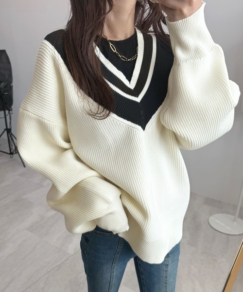 CHARME BY MICOLA(シャルムバイミコラ)の「ワンホン×レトロなデザイン♪ゆったりチルデンもちもちニット(ニット/セーター・レディース・アイボリー/チャコールグレー・FREE)」の12枚目の写真