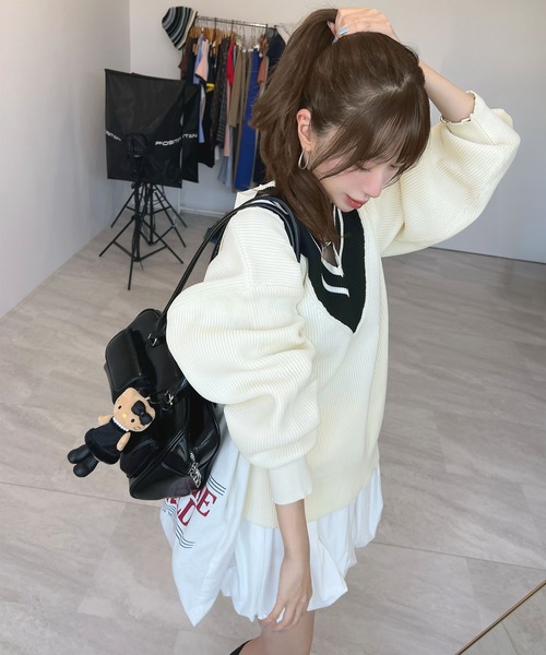 CHARME BY MICOLA(シャルムバイミコラ)の「ワンホン×レトロなデザイン♪ゆったりチルデンもちもちニット(ニット/セーター・レディース・アイボリー/チャコールグレー・FREE)」の13枚目の写真