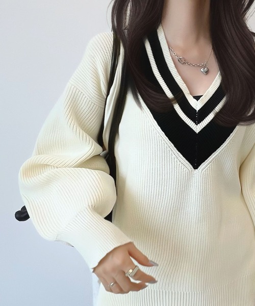 CHARME BY MICOLA(シャルムバイミコラ)の「ワンホン×レトロなデザイン♪ゆったりチルデンもちもちニット(ニット/セーター・レディース・アイボリー/チャコールグレー・FREE)」の16枚目の写真