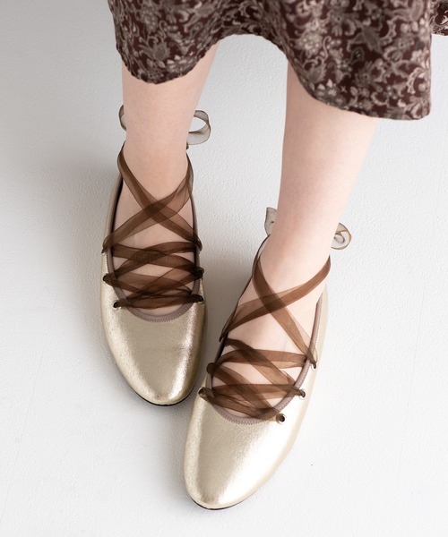 セール】シアーリボンレースアップフラットパンプス【Made in Japan