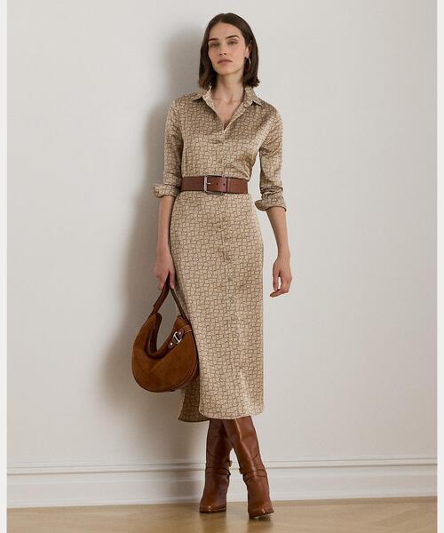 ジオプリント サテン シャルムーズ シャツドレス