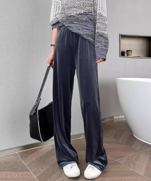 セール】【2サイズ展開】ベロアワイドパンツ オフィスカジュアル