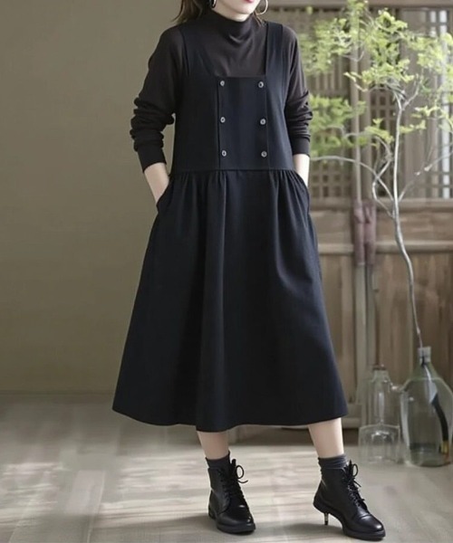cammie(キャミー)の「フロントダブルボタンジャンパースカート(ワンピース・レディース・ブラウン/ブラック・M/L)」の4枚目の写真