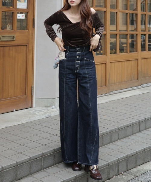 フロントボタンデザインハイウエストデニムパンツ 秋服 冬服（デニム