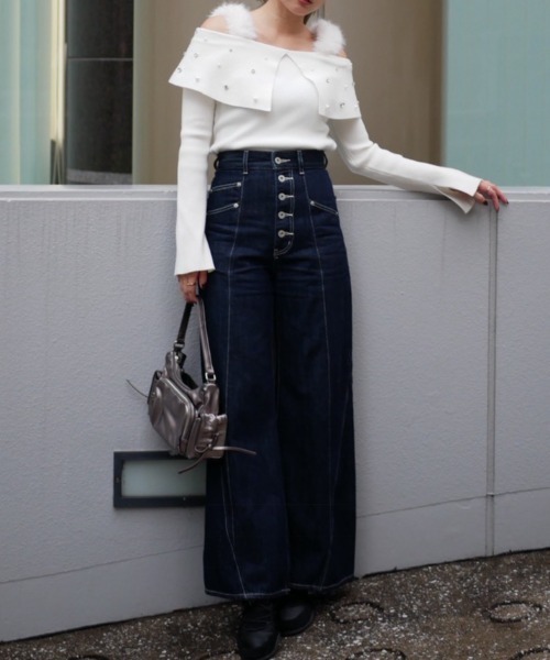 フロントボタンデザインハイウエストデニムパンツ 秋服 冬服（デニム