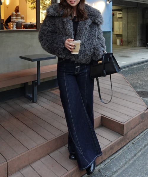 フロントボタンデザインハイウエストデニムパンツ 秋服 冬服（デニム