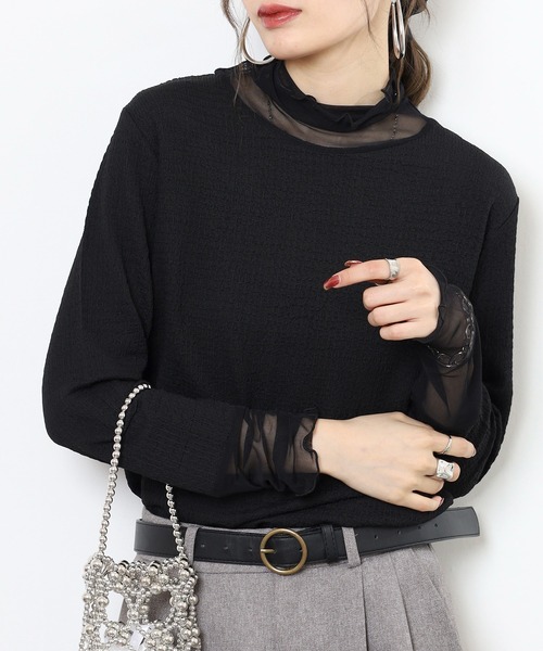 mitis(ミティス)の「mitis シャーリングシアースリーブロンT(Tシャツ/カットソー・レディース・ブラック/グレイッシュベージュ・M)」の1枚目の写真