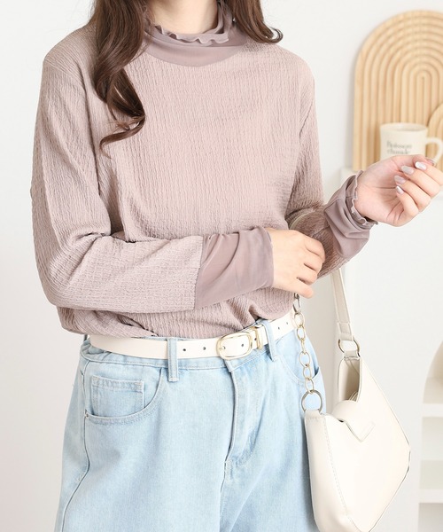 mitis(ミティス)の「mitis シャーリングシアースリーブロンT(Tシャツ/カットソー・レディース・ブラック/グレイッシュベージュ・M)」の4枚目の写真