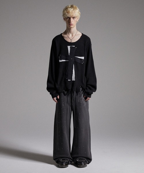 やゆサーマルロンt【grancy】 GRANCY】Cross Patch Damaged Thermal Longsleeve Tshirt / クロス