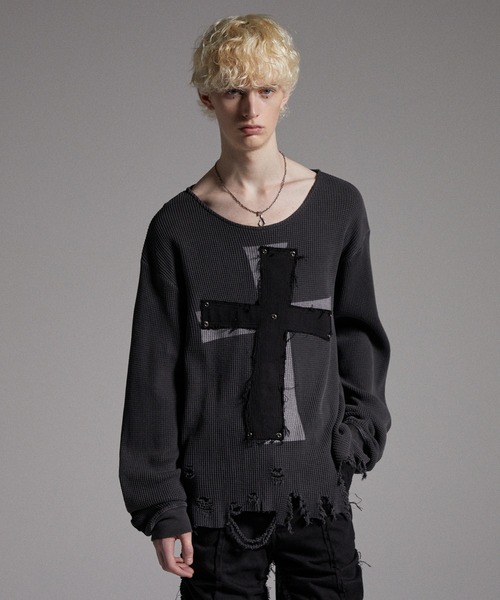 GRANCY】Cross Patch Damaged Thermal Longsleeve Tshirt / クロス
