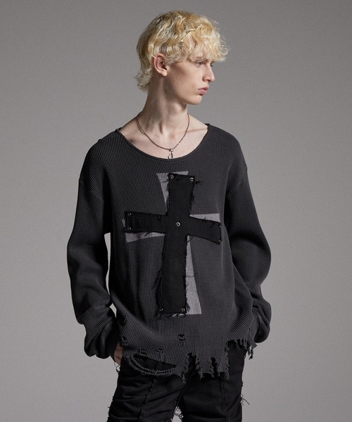 COMME des GARCONS クロスパッチ カットソー archive GRANCY】Cross Patch Damaged Thermal Longsleeve Tshirt / クロス