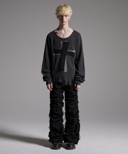 【GRANCY】クロスパッチダメージサーマルロンT ブラック GRANCY】Cross Patch Damaged Thermal Longsleeve Tshirt / クロス