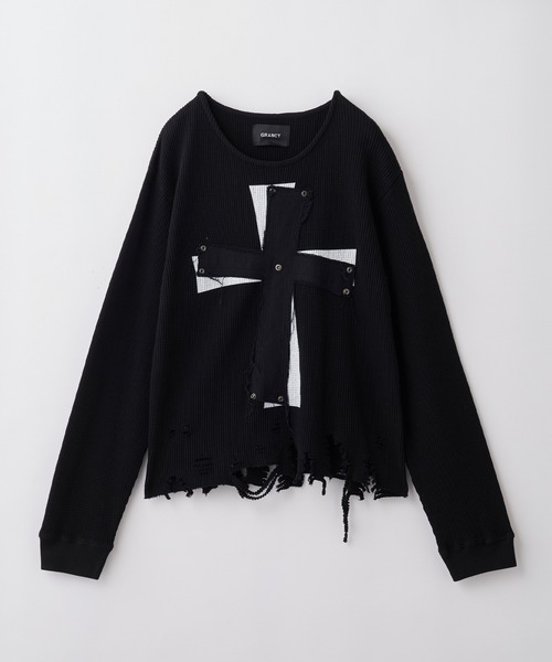GRANCY】Cross Patch Damaged Thermal Longsleeve Tshirt / クロス