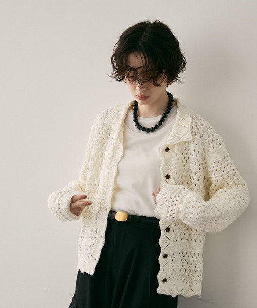 セール】ポロ襟レース編みニットカーデ（カーディガン/ボレロ）｜Trish