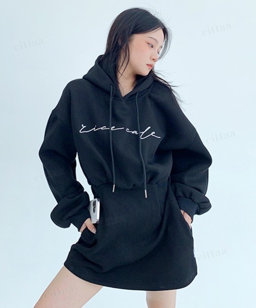 韓国ファッション ricecake刺繍ロゴスウェットフーディーワンピース