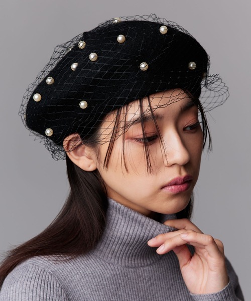 Narcissus(ナルシス)の「パールベレー帽/チュール(ハンチング/ベレー帽・レディース・グレー/ブラック・FREE)」の2枚目の写真