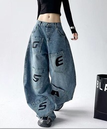 アルファベットパッチ マルチポケット ワイドバギーデニムパンツ レディース ハイウエスト Y2K ストリート系 デニム