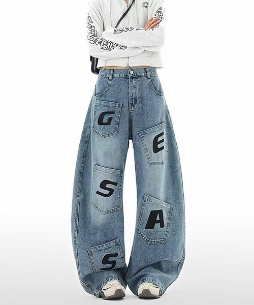 gossip!ロサンゼルス(ゴシップロサンゼルス)の「アルファベットパッチ マルチポケット ワイドバギーデニムパンツ レディース ハイウエスト Y2K ストリート系 デニム(デニムパンツ・レディース・ブルー・M/L)」の12枚目の写真