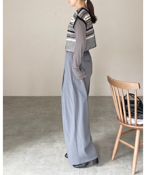 セール】深Vネック配色ジャガード柄ショートニットベスト（ベスト