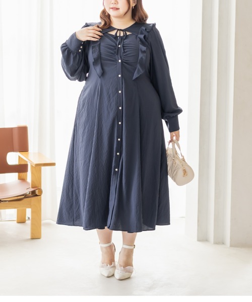 CLETTE(クレット)の「CLETTEオリジナルデコルテリボンフリルワンピース(ワンピース・レディース・ブラウン/ラベンダー/ネイビー・LL/3L/4L)」の11枚目の写真