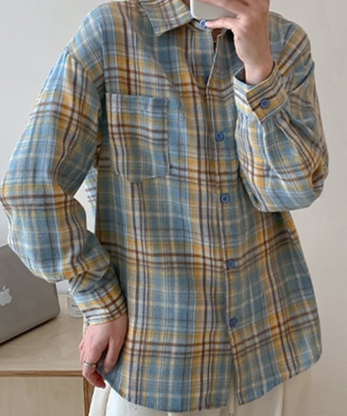 SallyLunn(サリーラン)の「レトロボーダーシャツ(シャツ/ブラウス・レディース・スミクロ/ブルー系その他/ブルー/ホワイト/ピンク・MEDIUM/LARGE)」の4枚目の写真