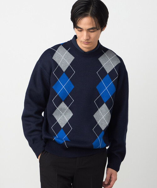 COMME CA ISM（コムサイズム）の「アーガイル柄 クルーネックプルオーバー（ニット/セーター・メンズ・ネイビー/グレー・LARGE/MEDIUM）」の4枚目の写真