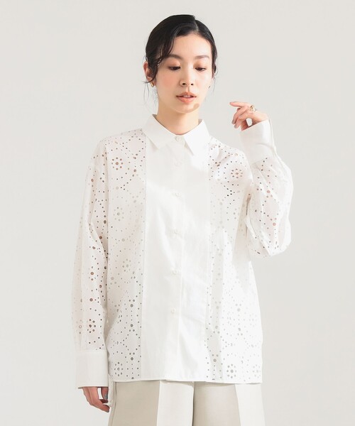 Demi-Luxe BEAMS(デミルクス ビームス)の「【5/14値下げ】アイレット パターン オーバーシャツ(シャツ/ブラウス・レディース・ブラック/ホワイト・38/36)」の2枚目の写真
