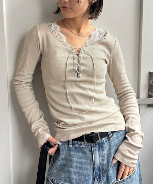 WHO'S WHO gallery（フーズフーギャラリー）の「プロセストレースアップトップス（Tシャツ/カットソー・レディース・グレー/ブルー/アイボリー/ブラック・FREE）」の13枚目の写真