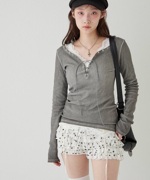 WHO'S WHO gallery（フーズフーギャラリー）の「プロセストレースアップトップス（Tシャツ/カットソー・レディース・グレー/ブルー/アイボリー/ブラック・FREE）」の7枚目の写真