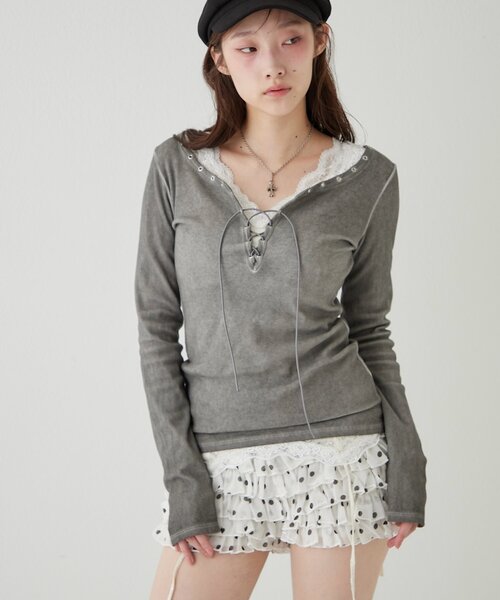 WHO'S WHO gallery（フーズフーギャラリー）の「プロセストレースアップトップス（Tシャツ/カットソー・レディース・グレー/ブルー/アイボリー/ブラック・FREE）」の6枚目の写真