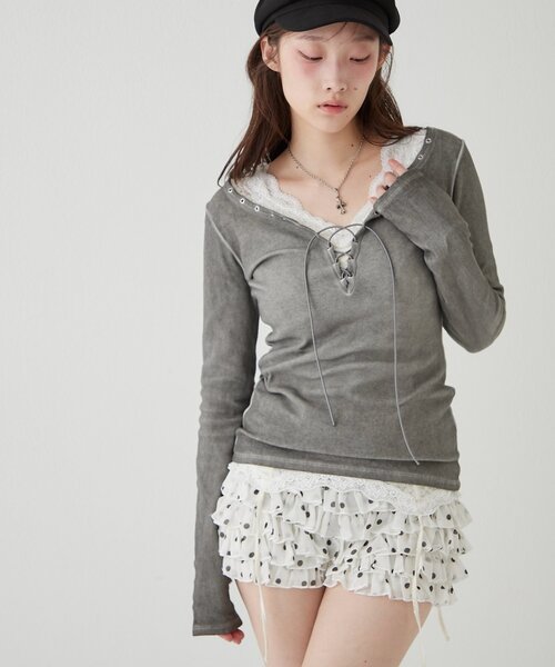 WHO'S WHO gallery（フーズフーギャラリー）の「プロセストレースアップトップス（Tシャツ/カットソー・レディース・グレー/ブルー/アイボリー/ブラック・FREE）」の5枚目の写真