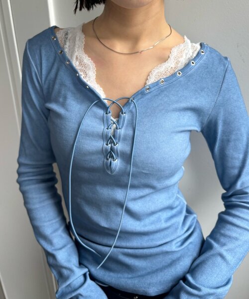 WHO'S WHO gallery（フーズフーギャラリー）の「プロセストレースアップトップス（Tシャツ/カットソー・レディース・グレー/ブルー/アイボリー/ブラック・FREE）」の22枚目の写真