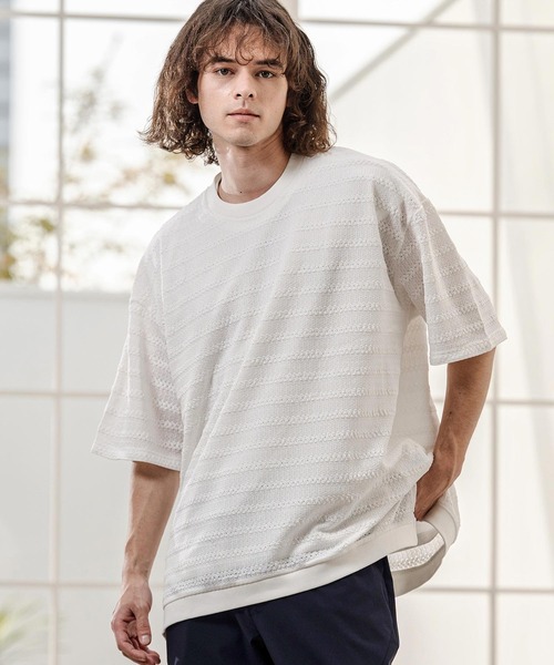 CAMBIO(カンビオ)の「mt10316- Shadow Lace Knit Tee ニットTシャツ(AI-261-013)(Tシャツ/カットソー・メンズ・ホワイト/ブラック・L/M)」の1枚目の写真