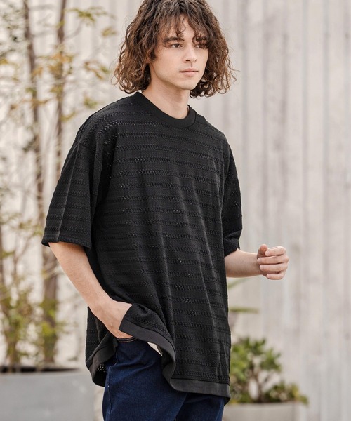 CAMBIO(カンビオ)の「mt10316- Shadow Lace Knit Tee ニットTシャツ(AI-261-013)(Tシャツ/カットソー・メンズ・ホワイト/ブラック・L/M)」の2枚目の写真