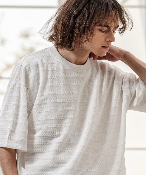 CAMBIO(カンビオ)の「mt10316- Shadow Lace Knit Tee ニットTシャツ(AI-261-013)(Tシャツ/カットソー・メンズ・ホワイト/ブラック・L/M)」の3枚目の写真