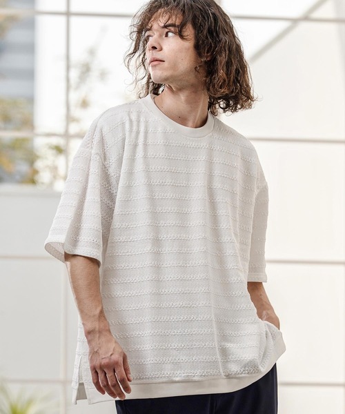 CAMBIO(カンビオ)の「mt10316- Shadow Lace Knit Tee ニットTシャツ(AI-261-013)(Tシャツ/カットソー・メンズ・ホワイト/ブラック・L/M)」の4枚目の写真